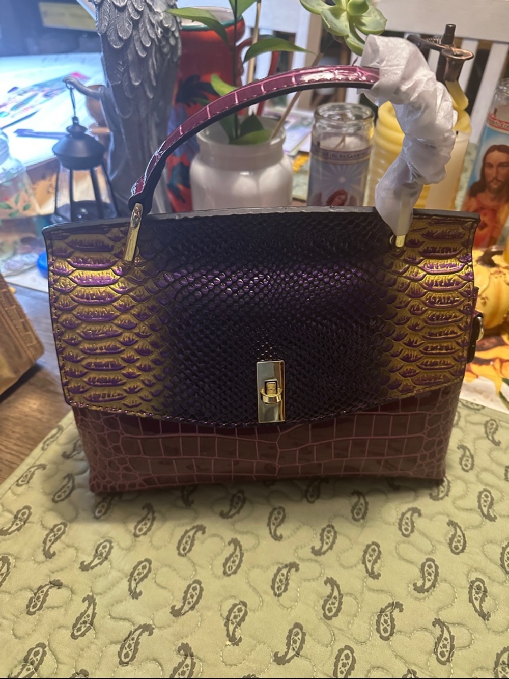 Textured Purple and Gold Top-Handle Satchel